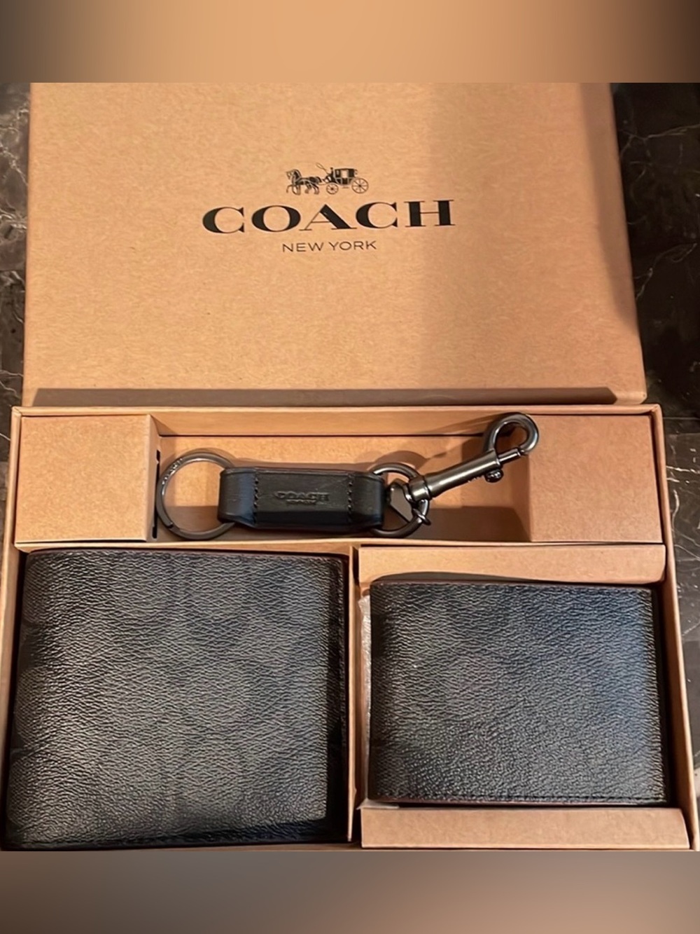 Coach Black Leather Wallet and Key Fob Set